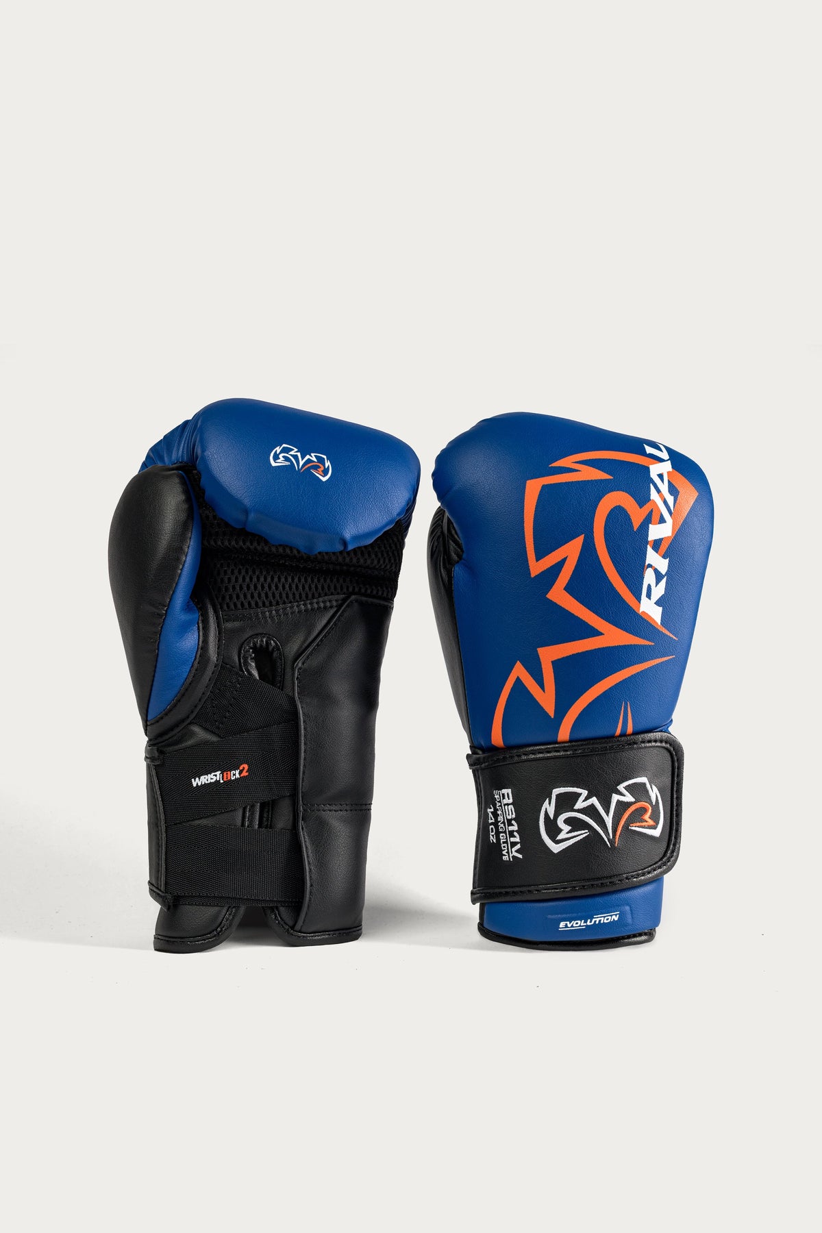 Rival RS11V Evolution sparring gloves blue side view showing angled cuff