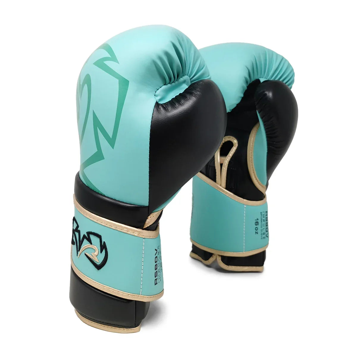 Rival RS80V Impulse sparring gloves aqua side view showing angled Ergo Strap