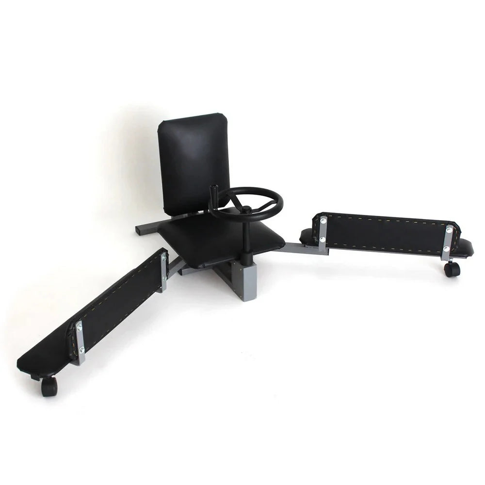 Reload adjustable leg stretching machine with padded seat and rotary dial