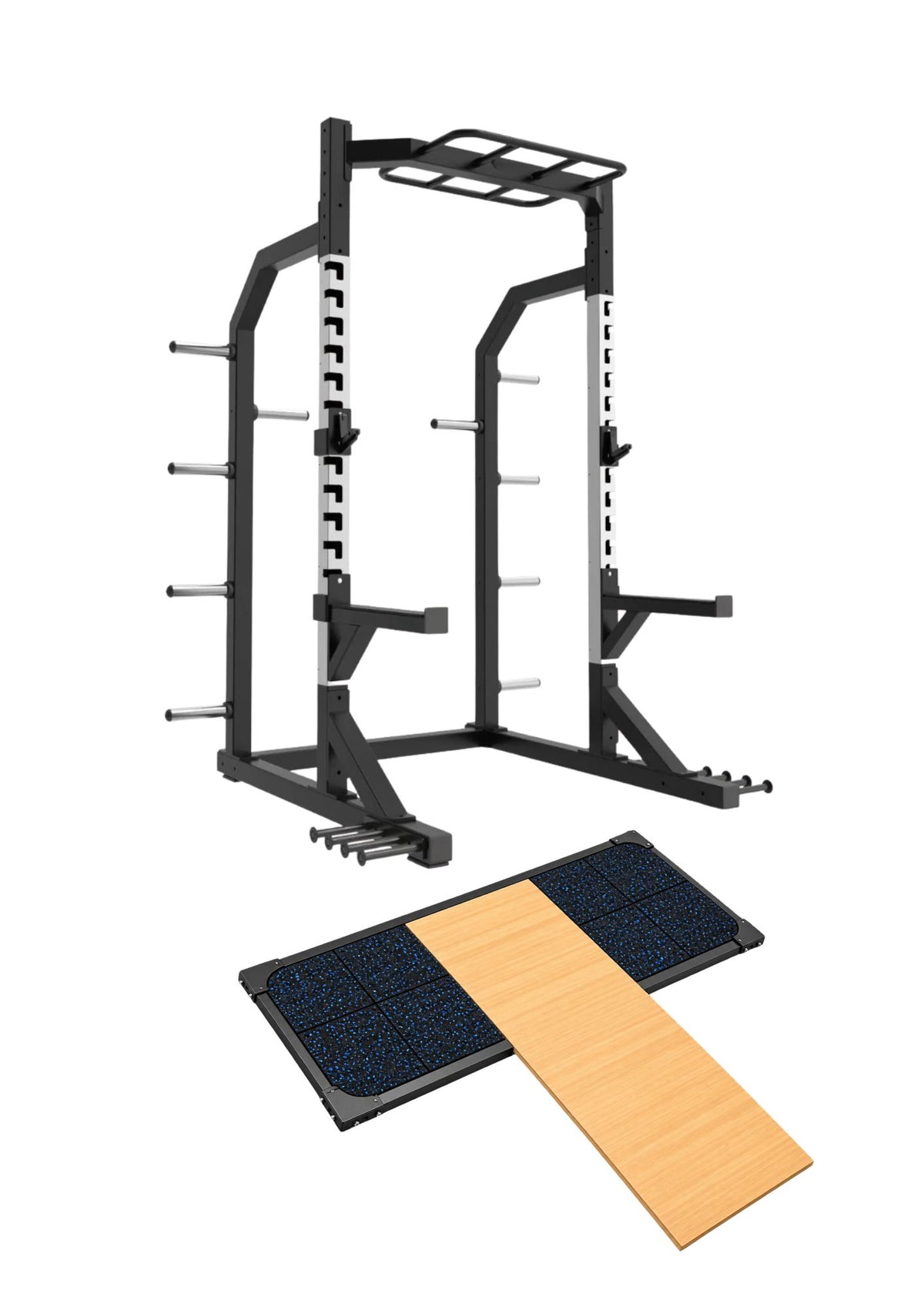 This package puts the two halves of a proper lifting bay together: the Reload Pro Series Commercial Grade Power Rack (TB68) and the Reload Heavy Duty Weightlifting Platform (DZ18)