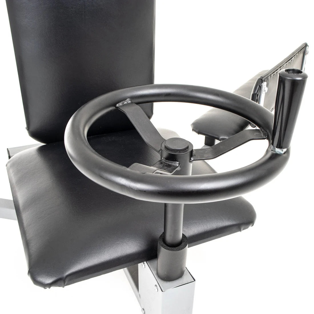 Leg stretcher machine with adjustable padded footrests and support arm