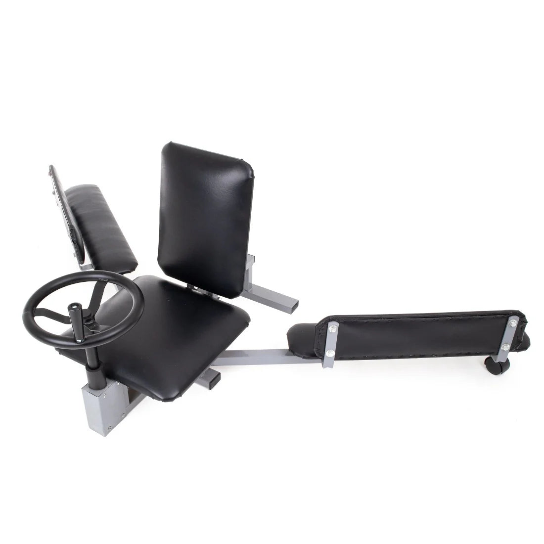 Reload adjustable leg stretching machine with padded seat and rotary dial