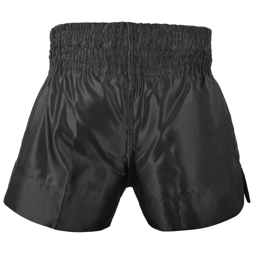 Morgan Muay Thai Shorts in all-black satin, detail view