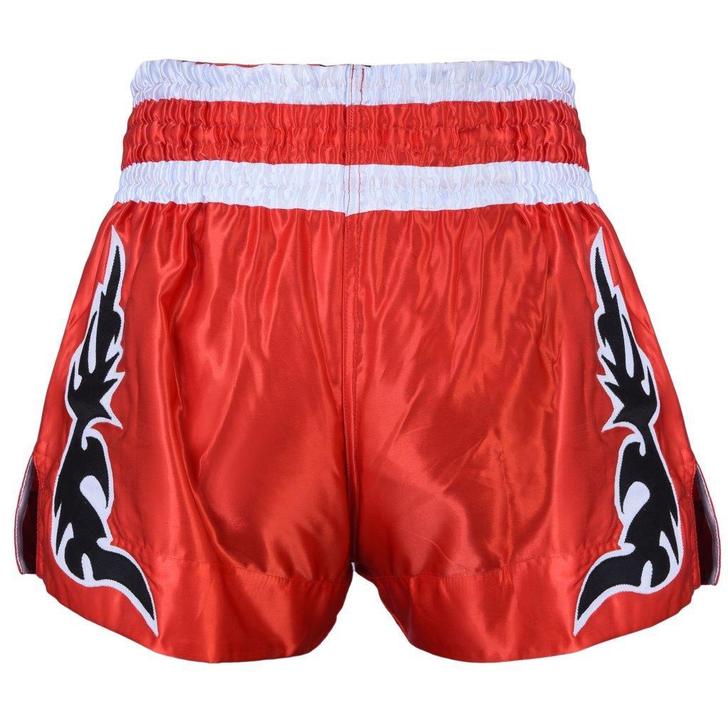 Morgan Full Force Muay Thai shorts, red with black lettering, detail view
