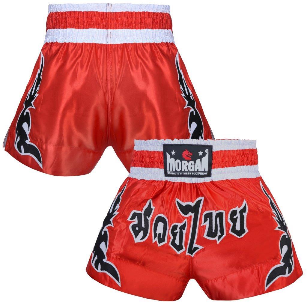 Morgan Full Force Muay Thai shorts, red with black lettering, front view
