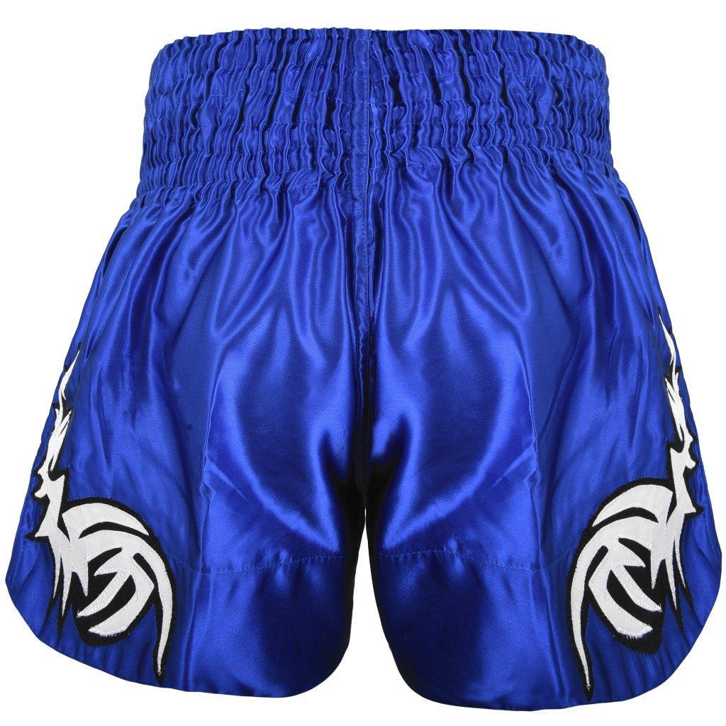 Morgan Aztec Warrior Muay Thai shorts, blue with white graphics, detail view