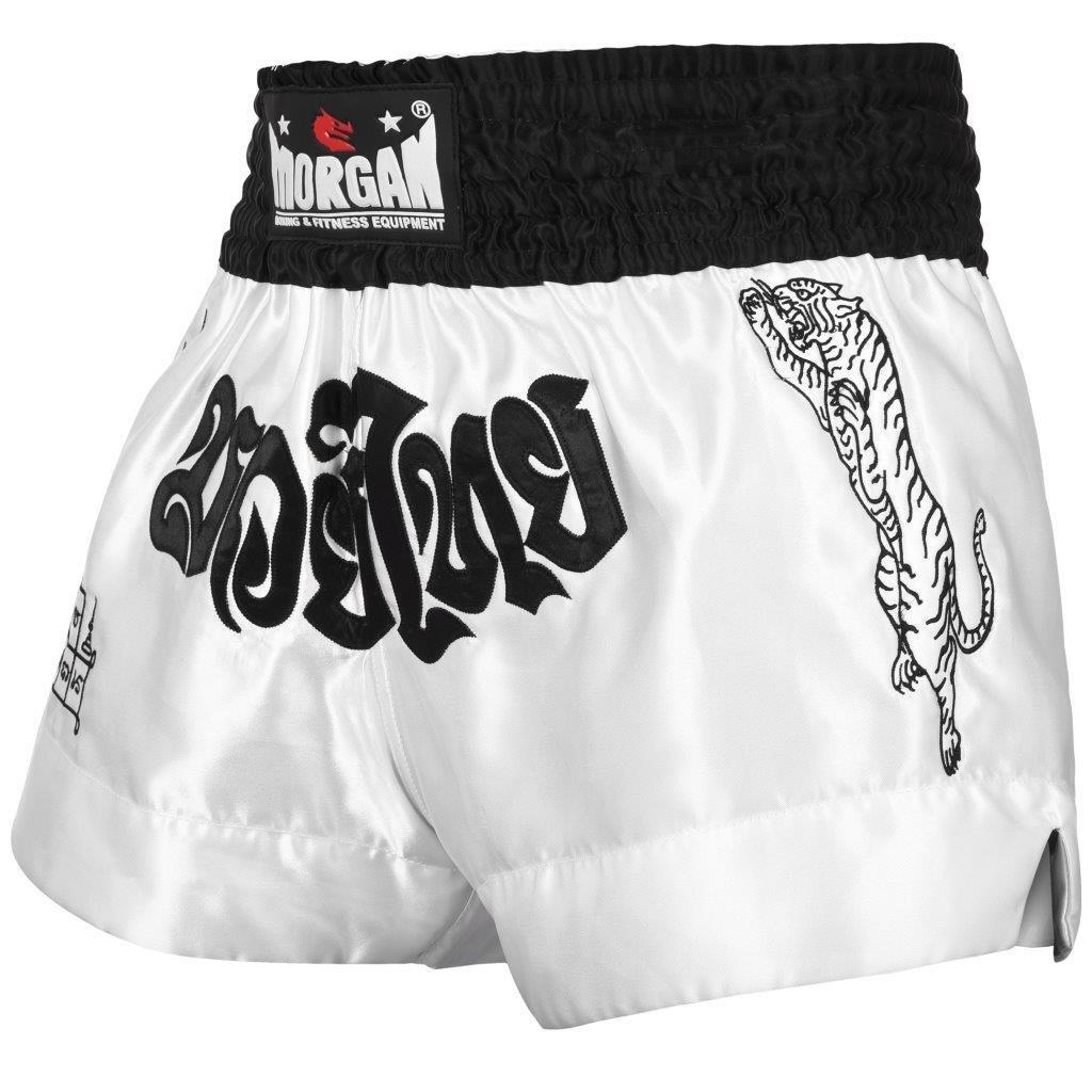 Morgan V2 White Tiger Muay Thai shorts, white with black lettering, alternate view 2