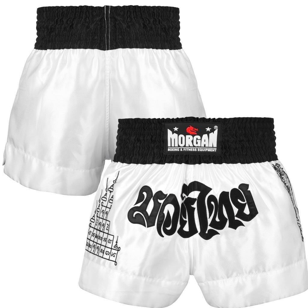 Morgan V2 White Tiger Muay Thai shorts, white with black lettering, front view