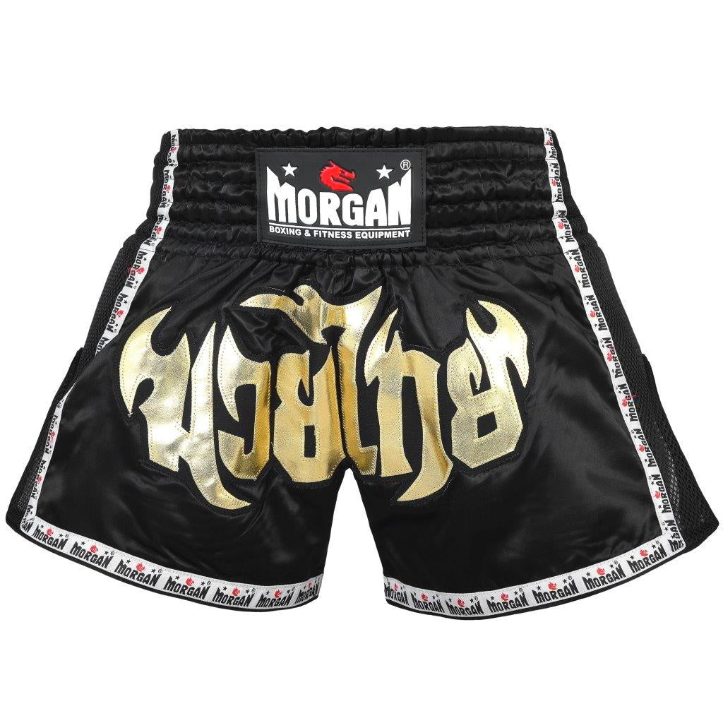 Morgan Lumpinee Muay Thai shorts, black with gold lettering, alternate view 1