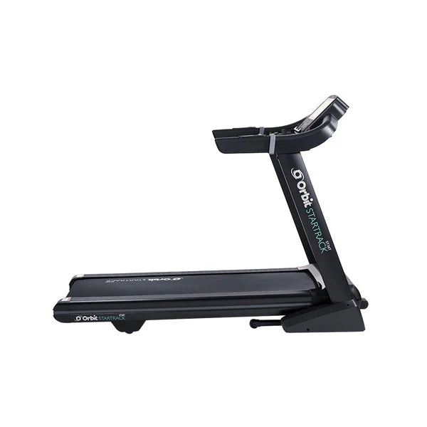 Black treadmill with 'Orbit StarTrac' branding on a white background