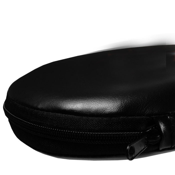 Black leather case with a zipper on a white background