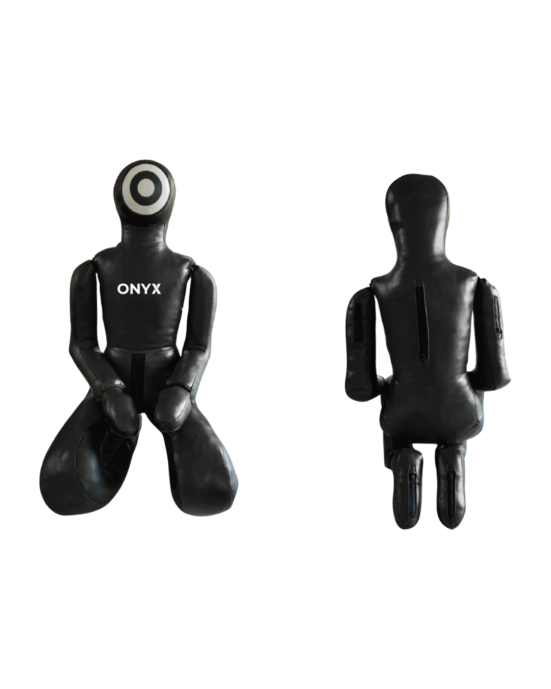 ONYX Shadow Grappler kneeling tactical dummy – front view and back with circular strike target