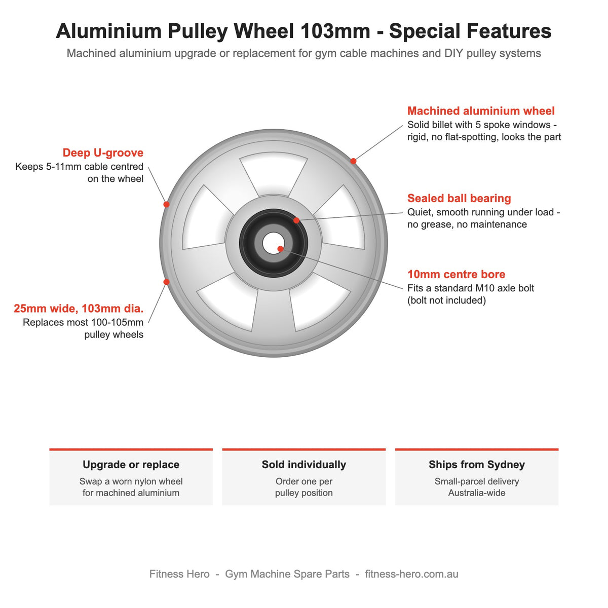 Aluminium pulley wheel 103mm special features - machined billet aluminium wheel with 5 spoke windows, sealed ball bearing, 10mm centre bore, deep U-groove, 25mm wide upgrade for gym cable machines