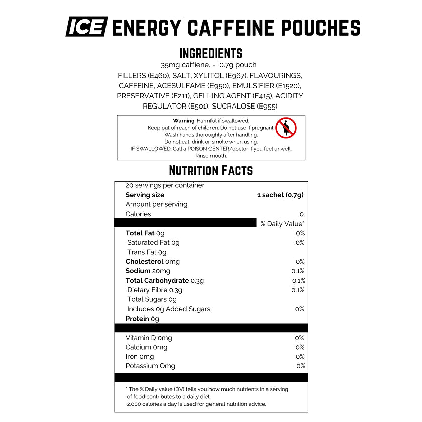 Aus Caff ICE Energy Pouches Nutritional Sheet