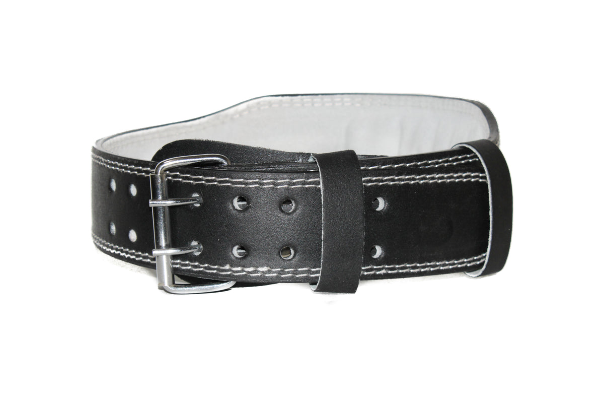 Black 4-inch suede leather lifting belt with double-prong stainless steel buckle and padded back support.