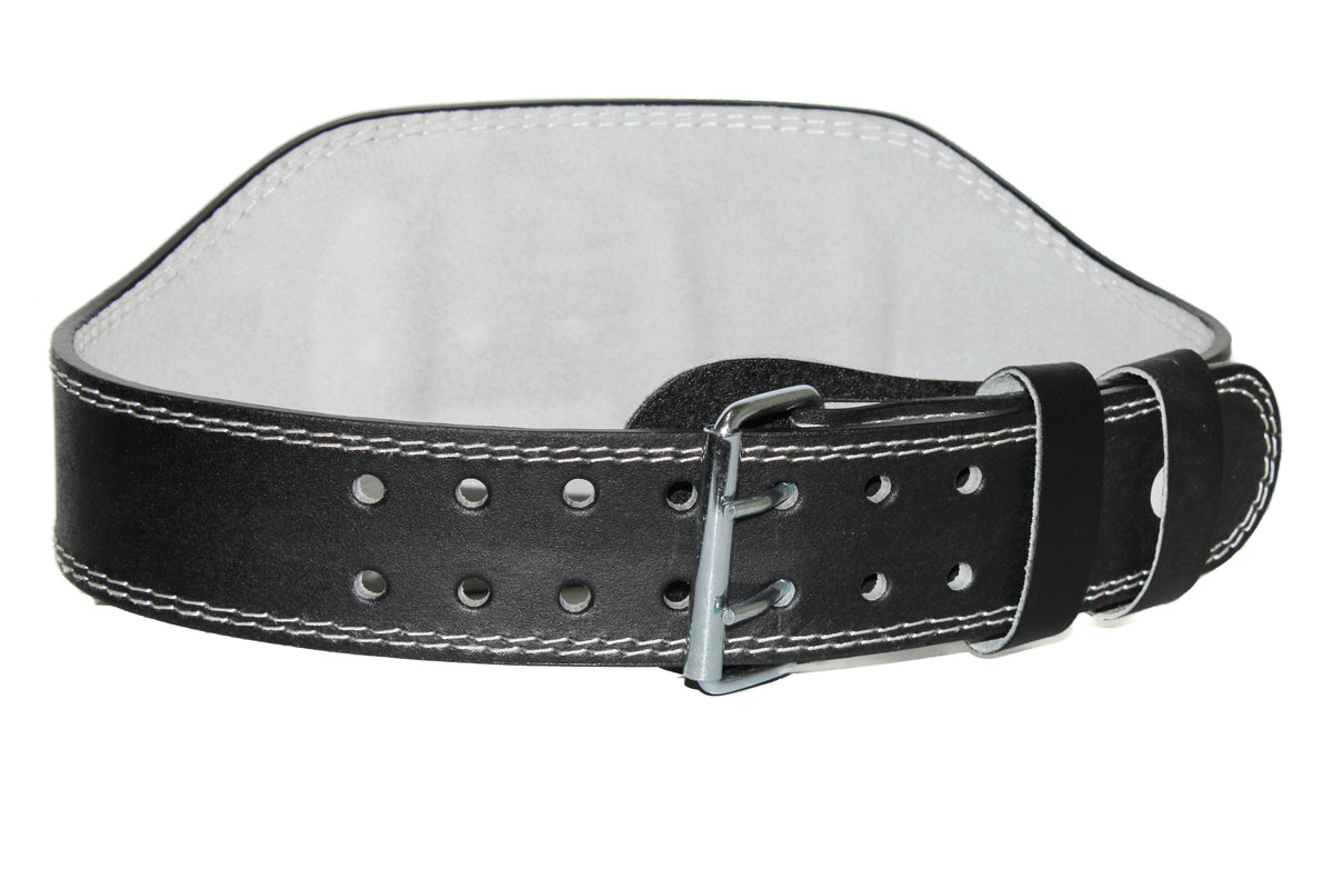 Black 6-inch suede leather lifting belt with double-prong stainless steel buckle and padded back support.