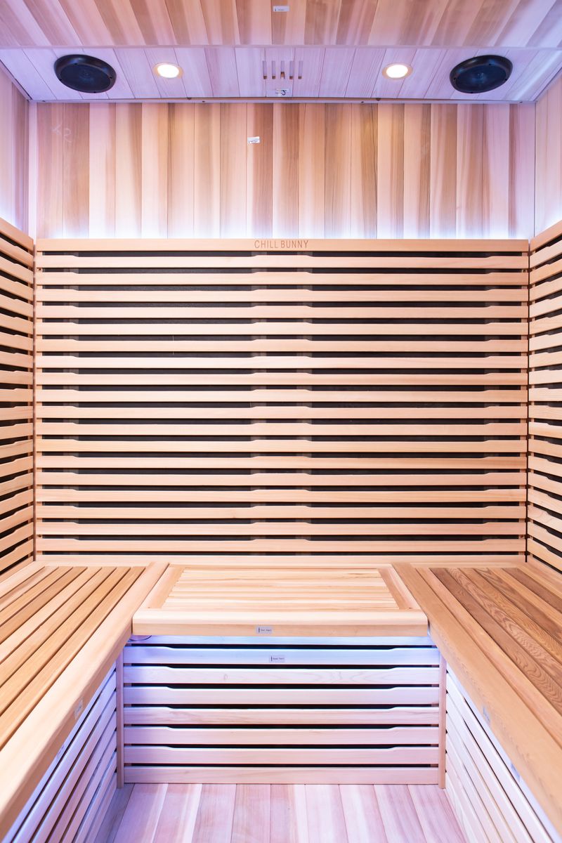 Chill Bunny 4 person indoor infrared sauna front view with glass door