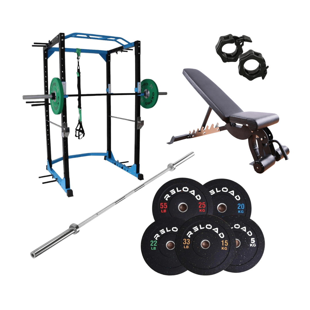 Commercial Power Cage & Bumper Plate Home Gym Package 2 - full package with power cage, Olympic barbell, FID bench and Reload HD bumper plates