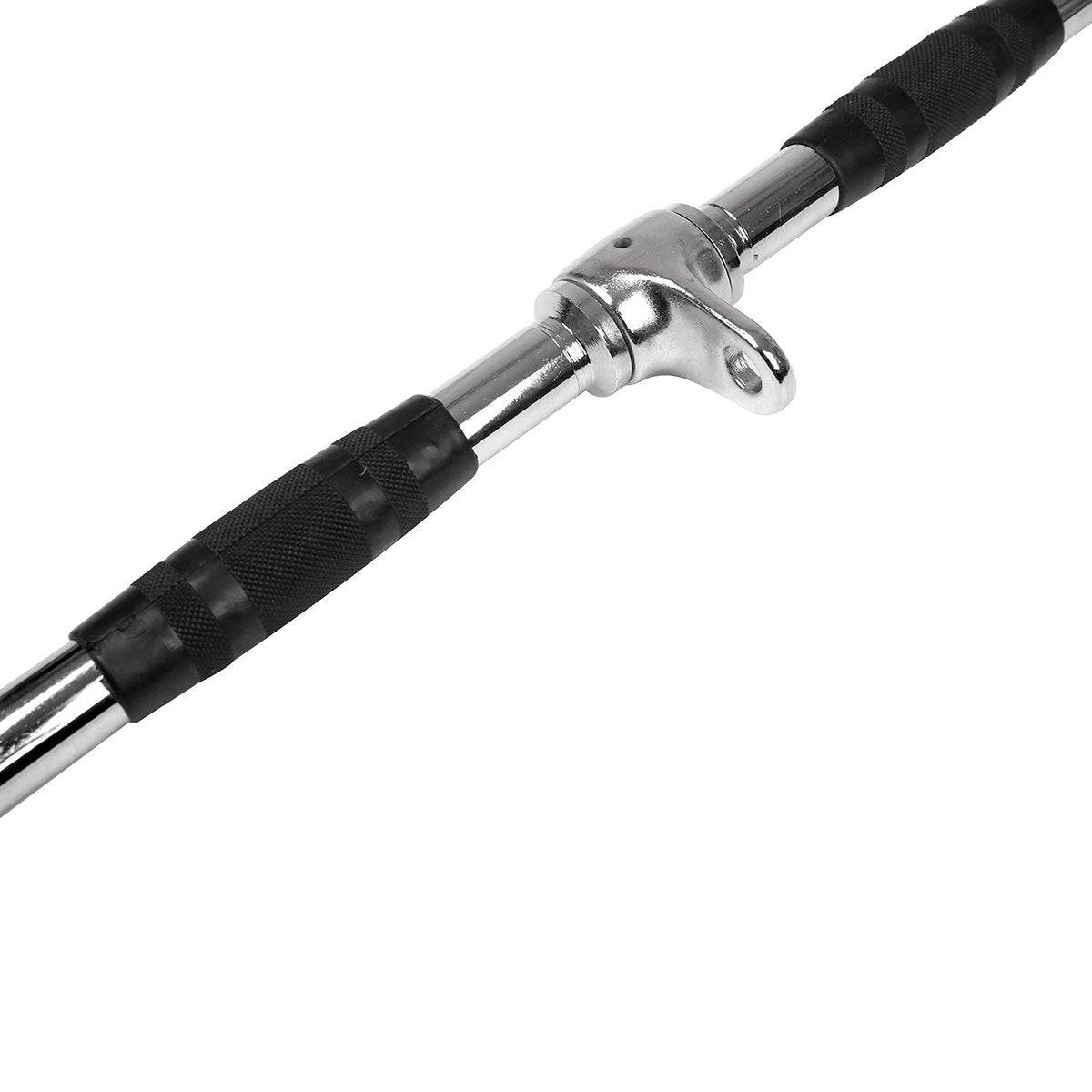 Lat pulldown bar rubber grip zones close up showing wide and medium hand positions on the cambered ends.