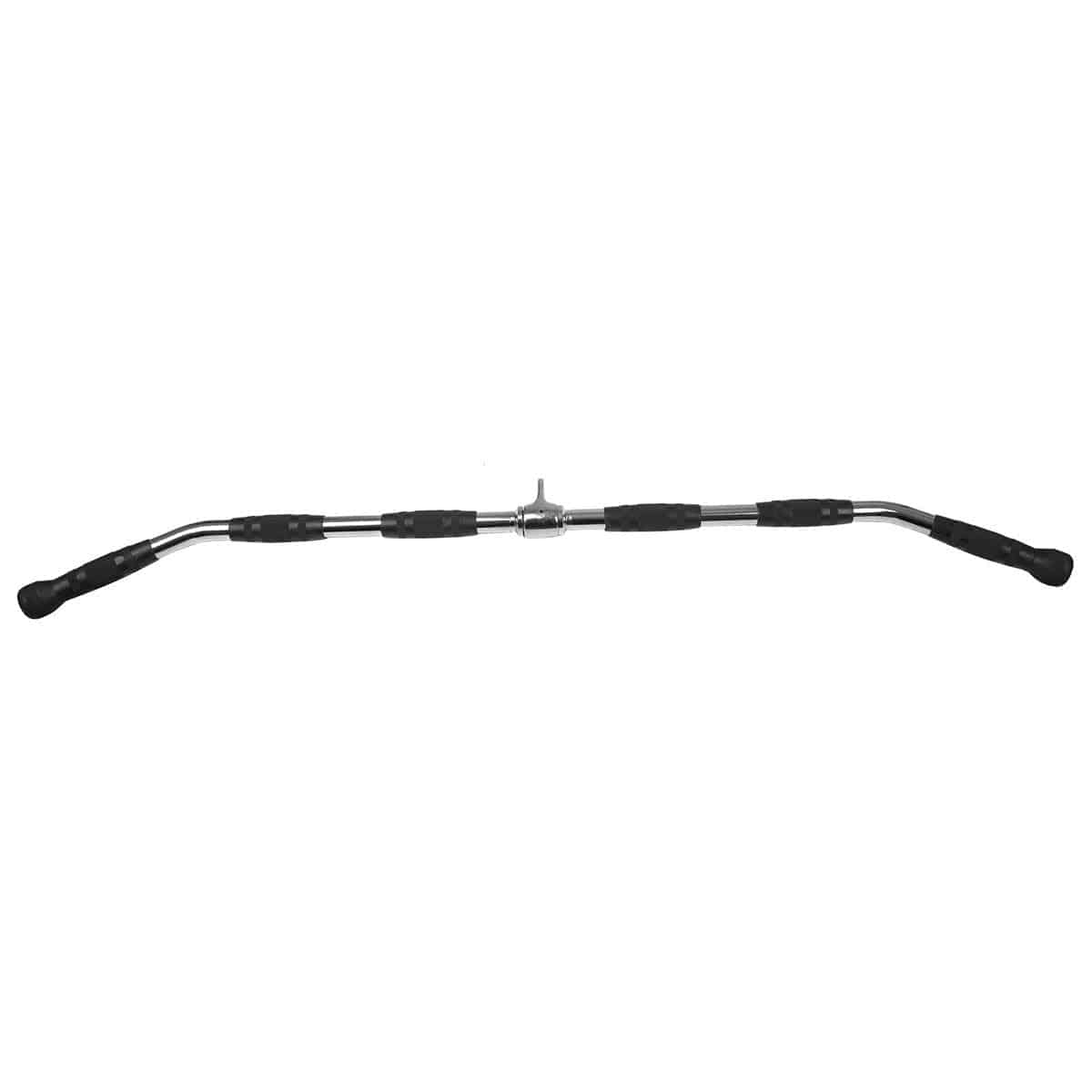 48 inch 120cm cambered lat pulldown bar with black rubber grips and chrome finish, revolving centre hanger.