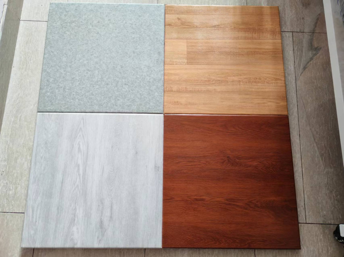 PVC laminated gym flooring tile colour range - Grey Stone Look, Natural Oak, Slate Look and Mahogany