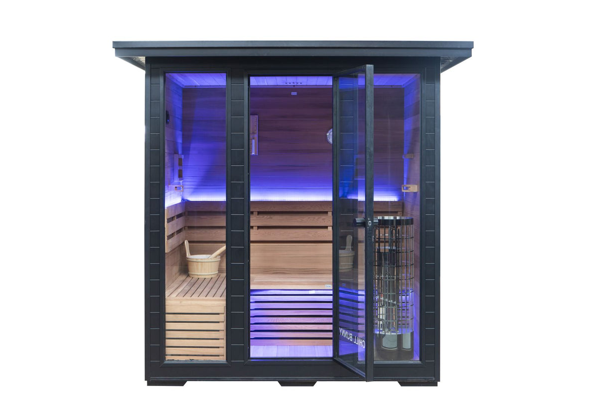 Chill Bunny 4 person outdoor traditional sauna black exterior front view