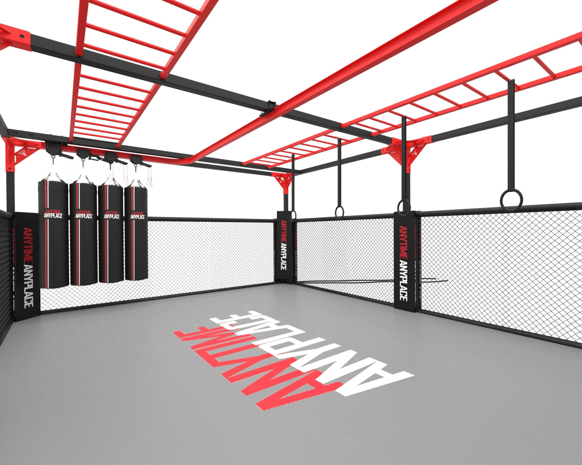 Inside view of MMA cage showing monkey bars and multiple heavy bags suspended from pulleys