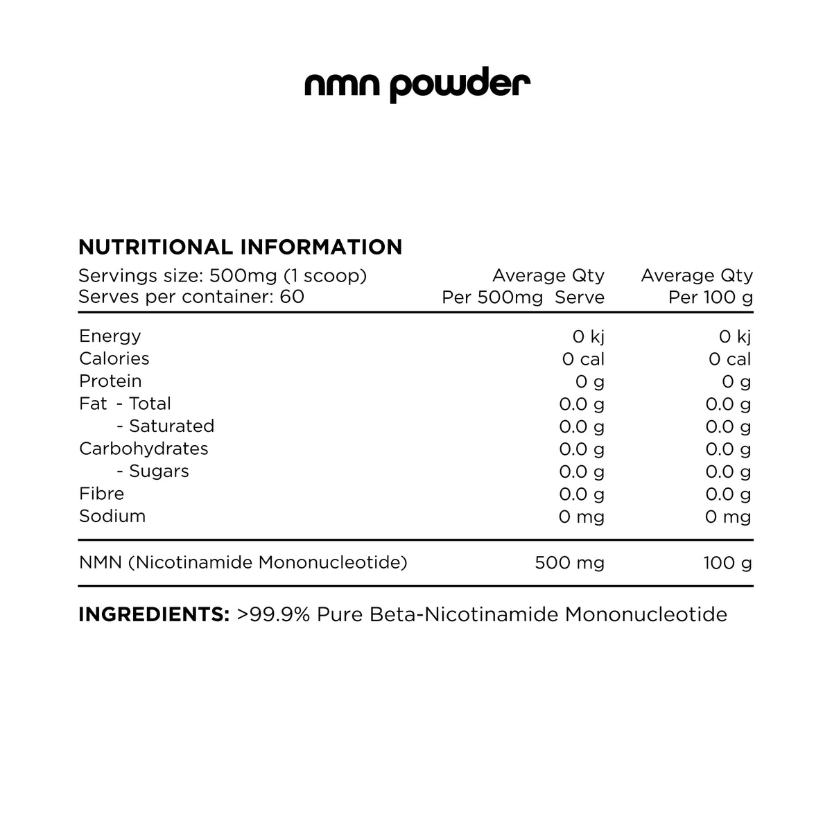 100% Pure NMN Powder By Switch Nutrition | 60 Serves | 30g