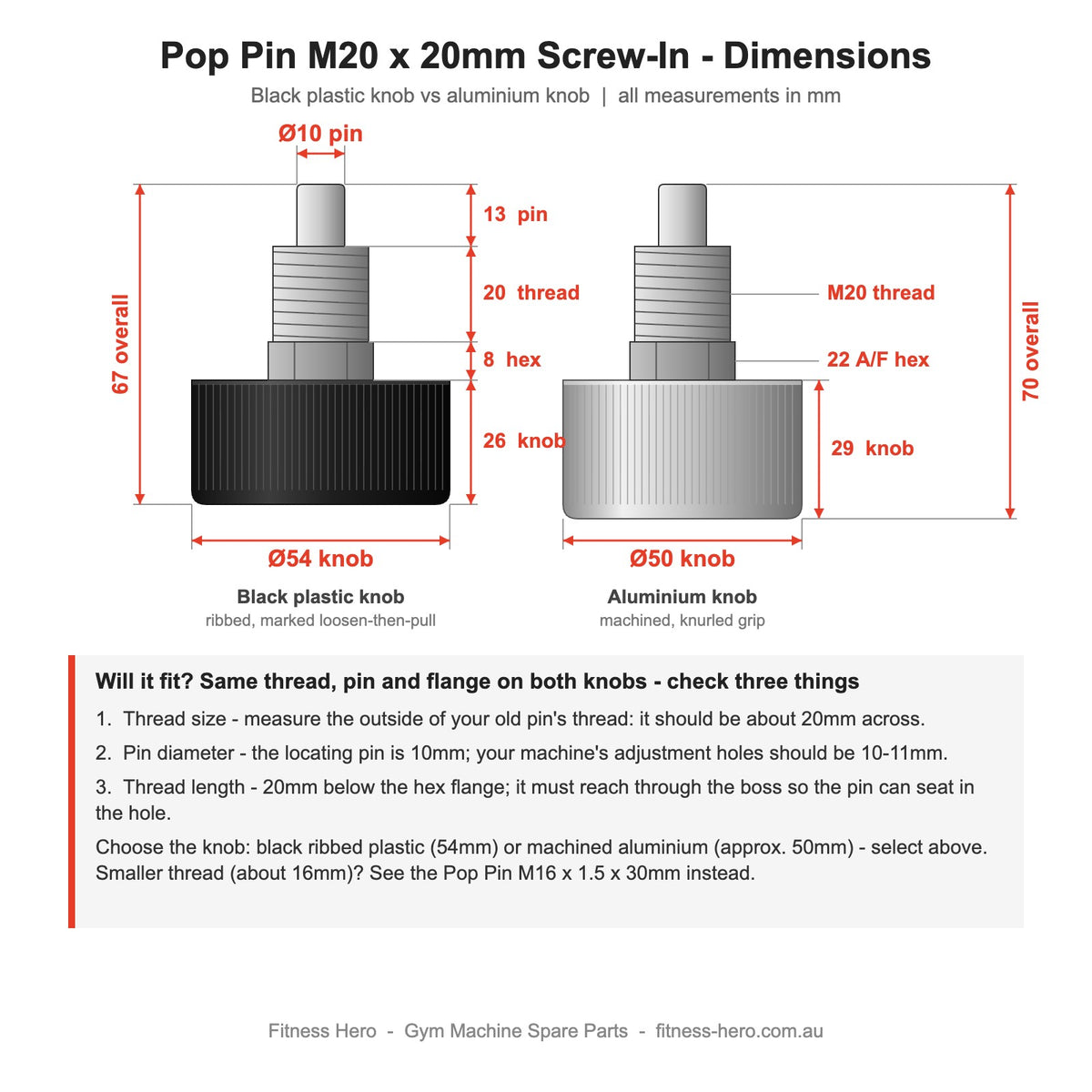 Pop pin M20 x 20mm screw-in dimensions - black plastic knob 54mm x 26mm at 67mm overall and aluminium knob approx. 50mm at 70mm overall, both with 10mm spring-loaded pin, 20mm M20 thread and 22mm hex flange