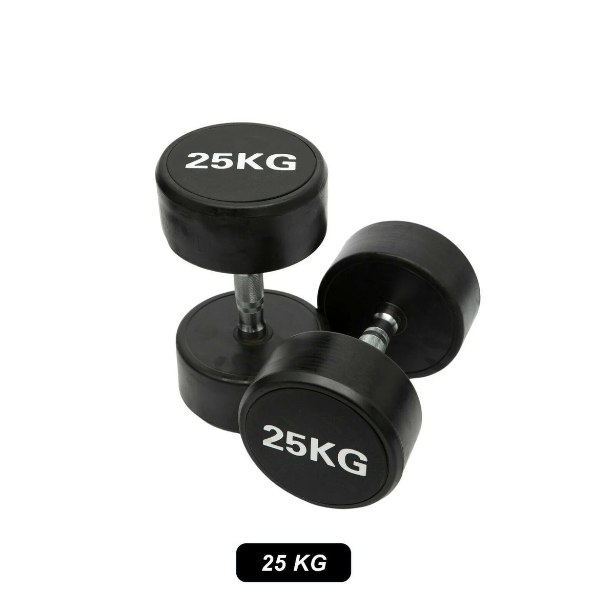 Single pair of Pro Style round dumbbells resting on rubber gym flooring