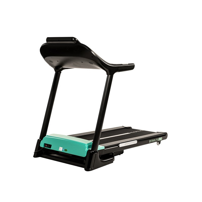 Foldable Starlite SL7 Treadmill with transport wheels for easy storage.