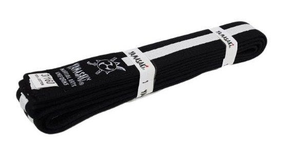 Yamasaki black martial arts belt with white stripe