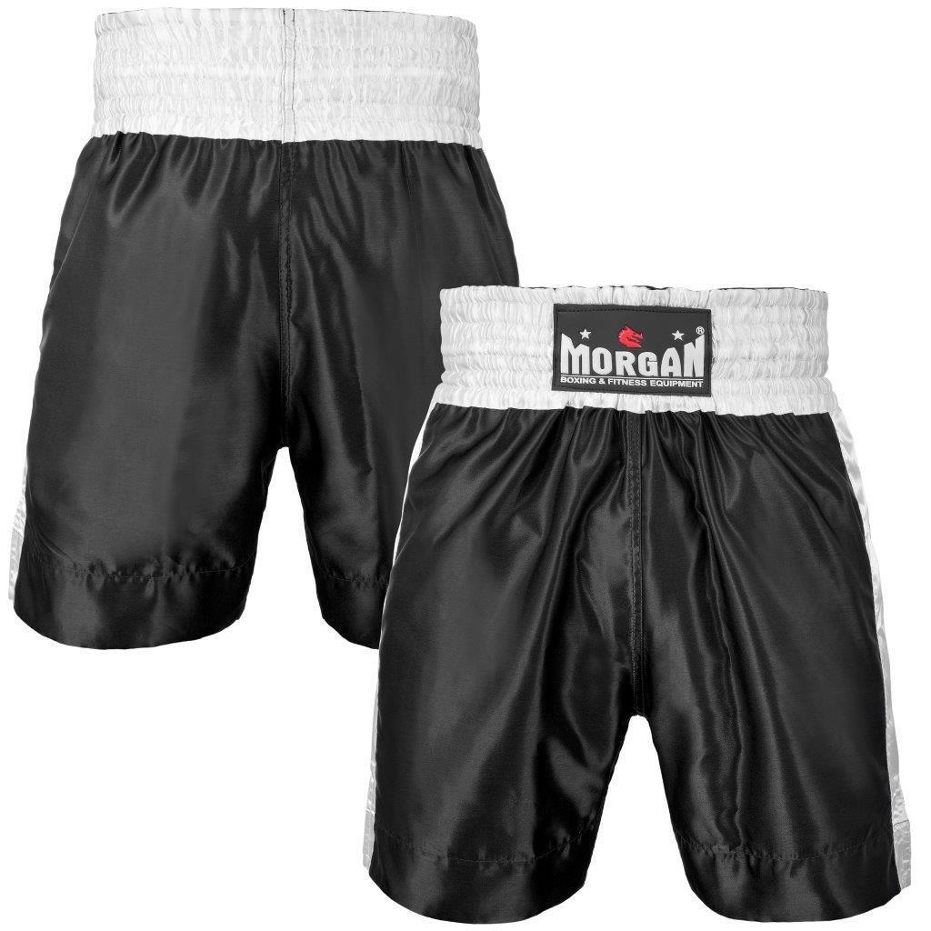 The Fitness Hero classic boxing shorts by Morgan Sports offer a full 4-inch international style waistband with a snug elastic lining. It is cut extra long with hemmed bottoms . Available in 3 colours, red blue & black