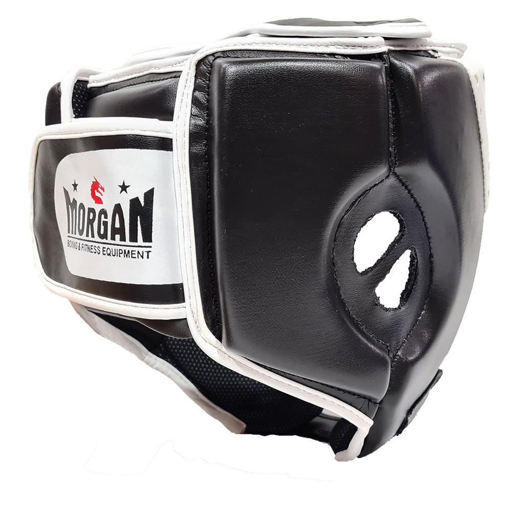 Fitness Hero offers the Morgan v2 Classic Open Face Head Guard, made from leather and with black, white & red colours. this is the rear image. Available in 5 sizes