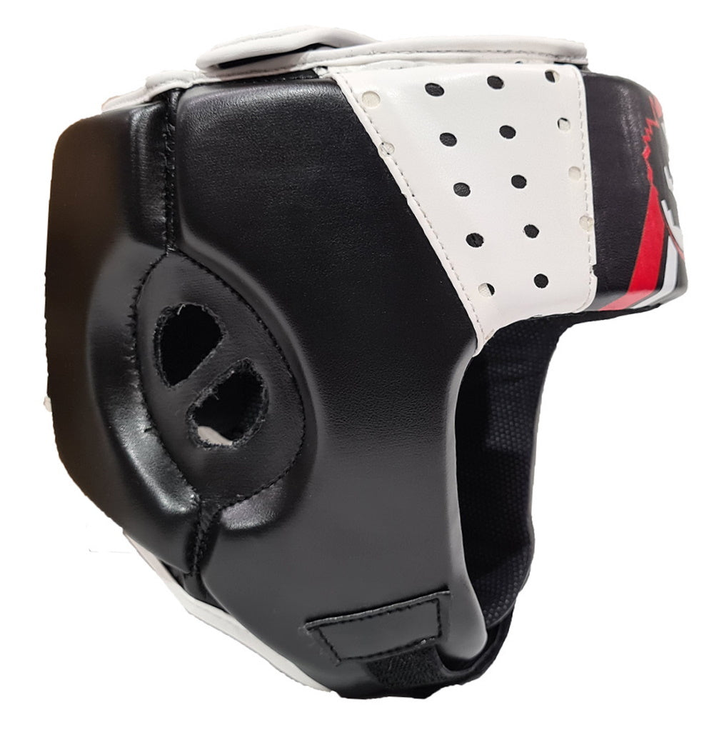 Fitness Hero offers the Morgan Classic v2 Head guard, made from leather and with black, white & red colours. This is a side angle
