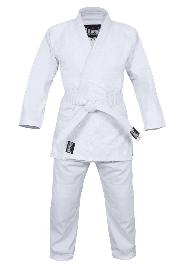 Dragon white judo gi worn, side view