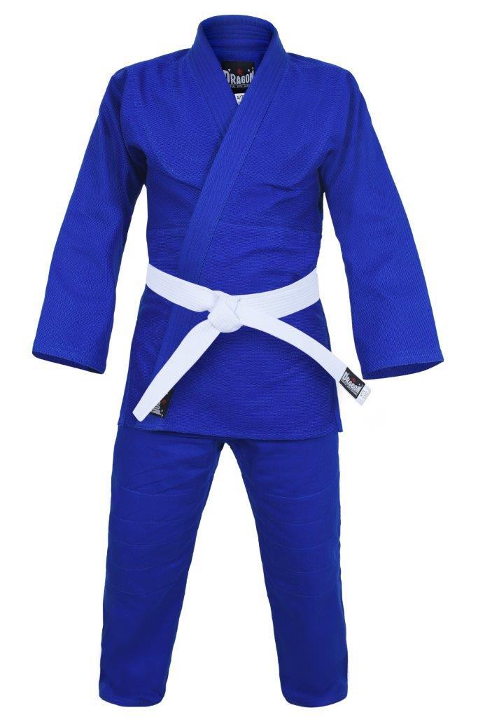 Dragon blue judo gi worn, side view
