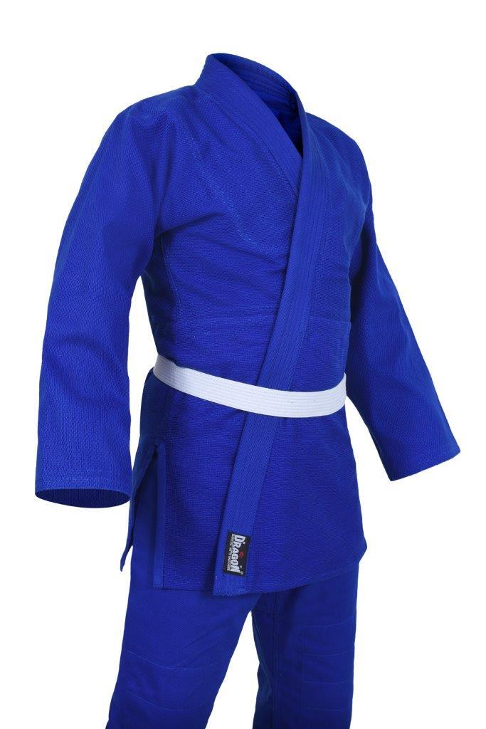 Dragon blue judo gi worn, front view