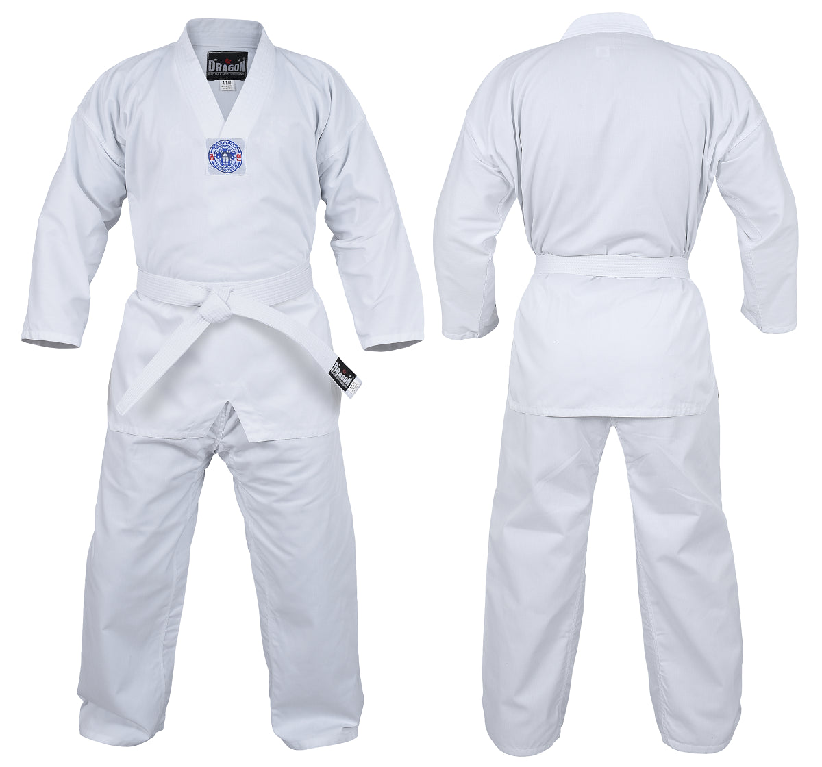 Dragon Deluxe 8oz white taekwondo uniform with jacket, pants and white belt