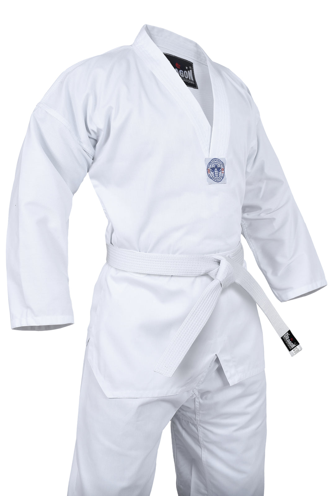 Dragon Deluxe taekwondo uniform worn, front view