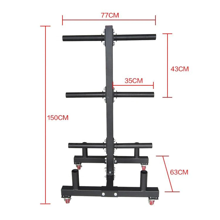 On wheel for easy maneuverability Max Load 350kg Can hold upto four barbells. Dimensions of the tree