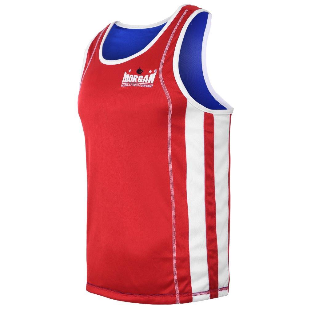 The Fitness Hero reversible boxing singlet by Morgan Sports is the perfect blend of breathable polyester with micro-moisture wicking lining that creates a sleek, bold, incredibly super lightweight, and restriction-free boxing singlet that is guaranteed to perform and impress. THIS IS THE RED SIDE