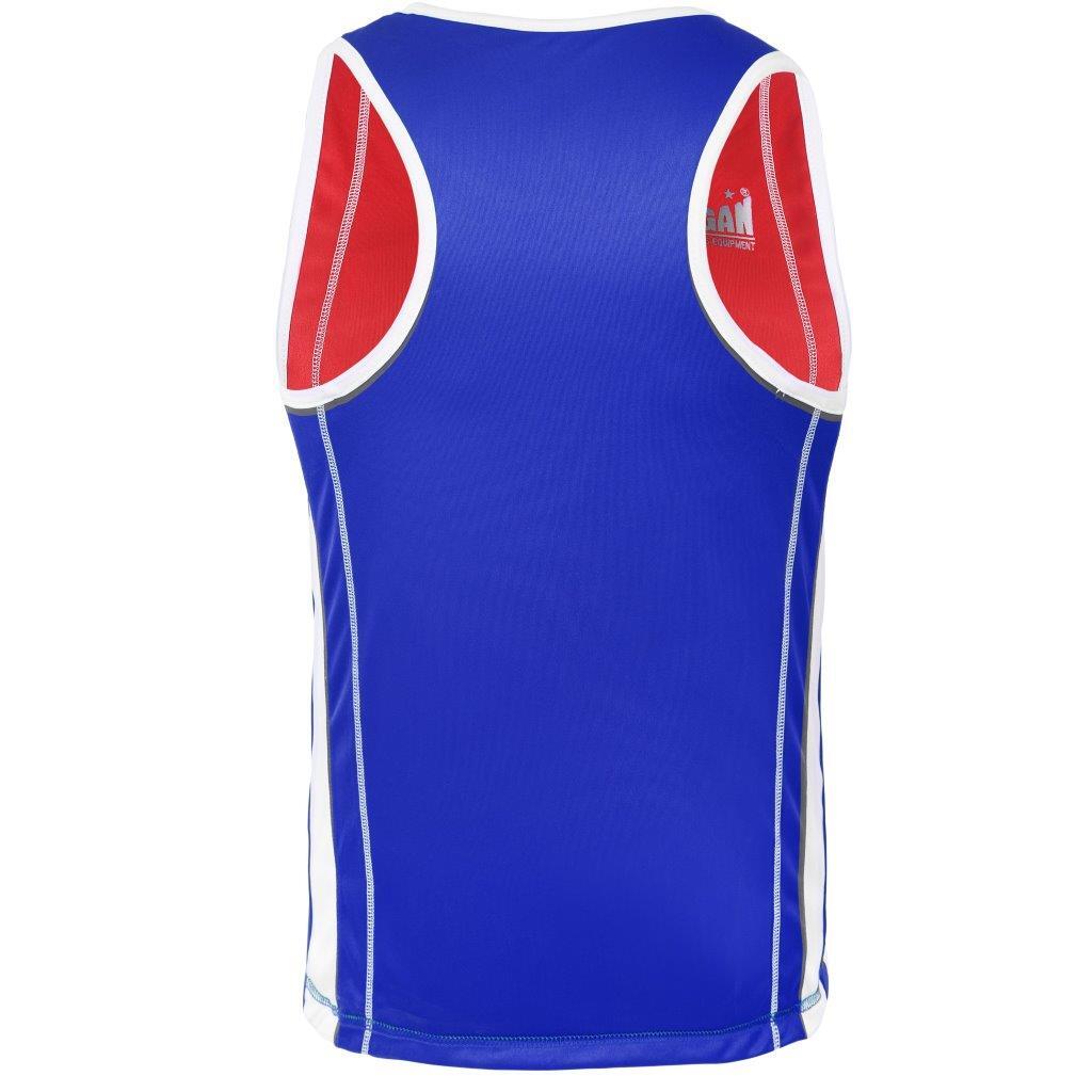 The Fitness Hero reversible boxing singlet by Morgan Sports is the perfect blend of breathable polyester with micro-moisture wicking lining that creates a sleek, bold, incredibly super lightweight, and restriction-free boxing singlet that is guaranteed to perform and impress. Back of blue side