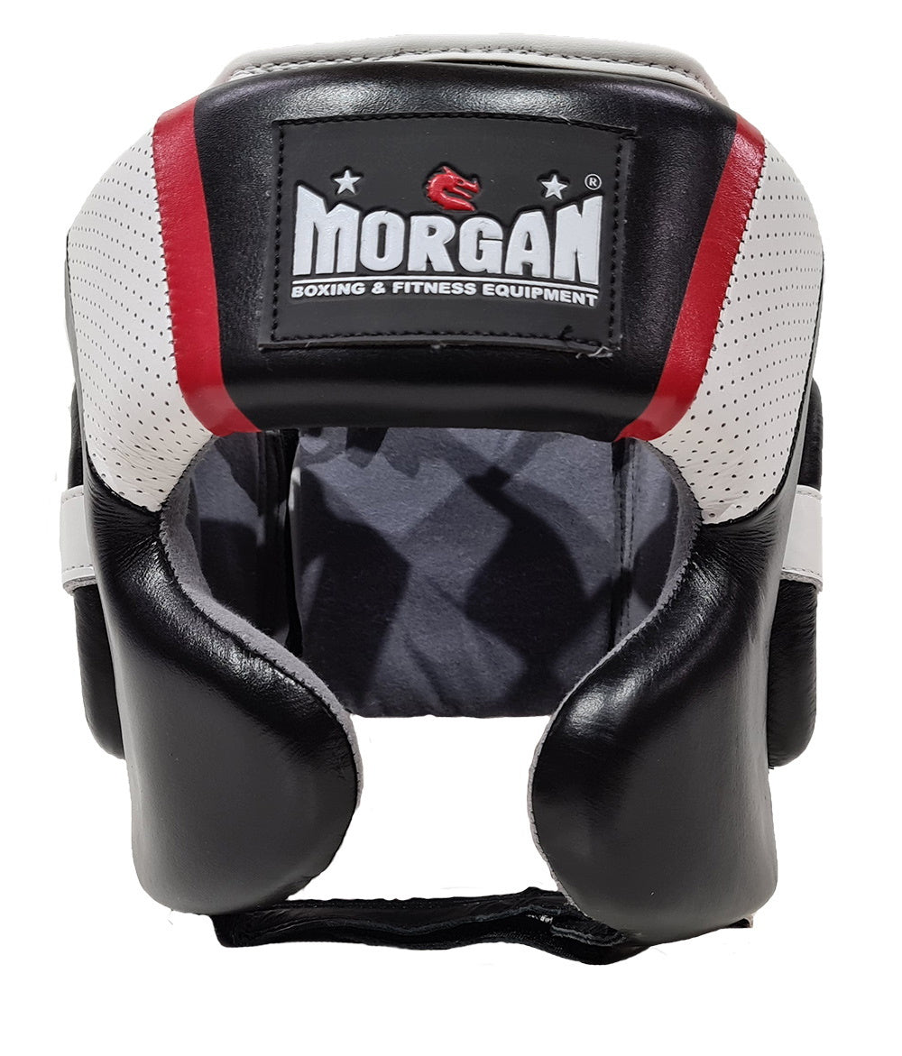 Morgan Mexican style head guard, which is an absolutely stunning combination of incredibly lightweight and high shock-suppression layered inner foams with durable and extra-long lasting cowhide leather cover for the ultimate training headgear. Available in 4 sizes