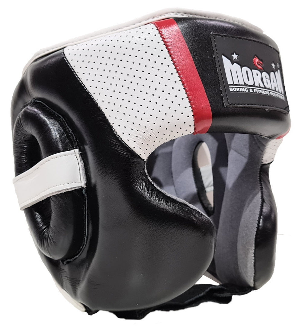Morgan Mexican style head guard, which is an absolutely stunning combination of incredibly lightweight and high shock-suppression layered inner foams with durable and extra-long lasting cowhide leather cover for the ultimate training headgear.