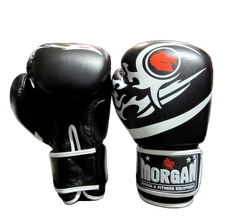Morgan Elite Boxing & Muay Thai gloves, made from leather and available in 3 colours. These are the black version, available in 3 sizes