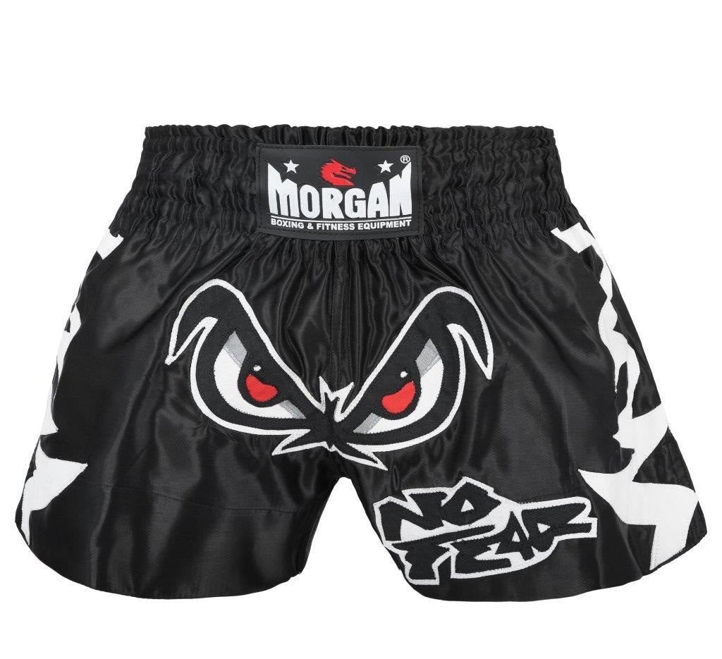 The Fitness Hero muay thai shorts by Morgan Sports will make you feel like the true Muay Thai fighter that you are, featuring a traditional muay thai cut design, with MTS-3 grade satin and fierce in-ring style to give you the edge over your competitors. Black no fear style