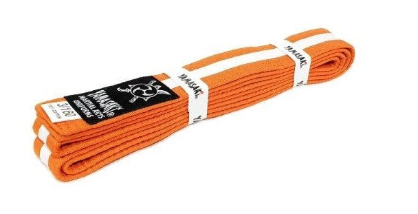 Yamasaki orange martial arts belt with white stripe
