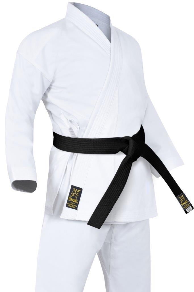 Yamasaki Gold white canvas karate gi worn, front view