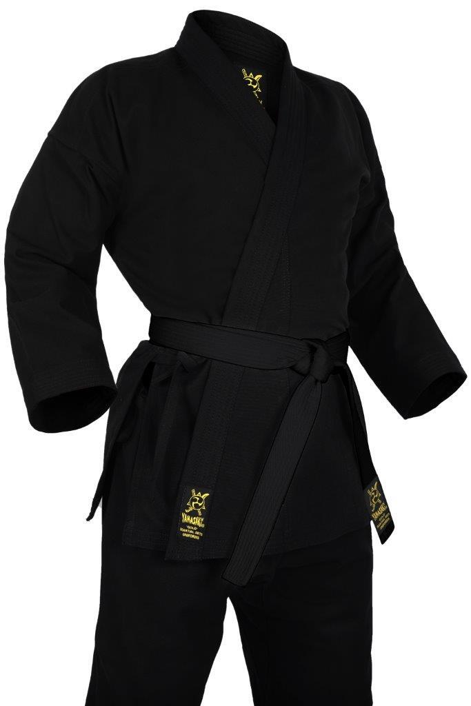 Yamasaki Gold black canvas karate gi worn, front view